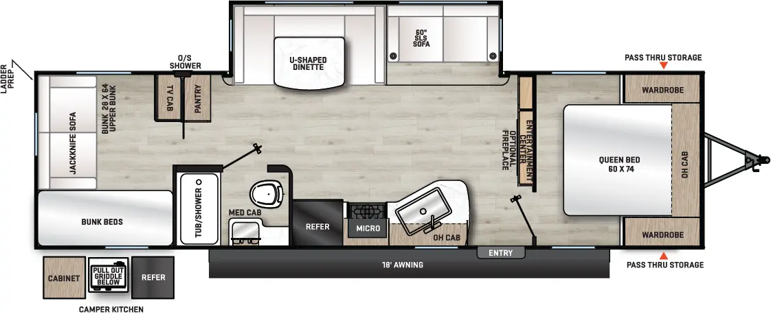 The 29QBS has 1 slide out on the off-door side and 1 entry door. Exterior features include: camper kitchen with cabinet, refrigerator and pull out griddle on the door side near the rear, 18 foot awning, outside shower on the off-door side, front pass through storage. Interior layout from front to back include: front bedroom with Queen bed, wardrobes on each side of the bed and overhead cabinet; off-door slide out holds a U-shaped dinette and sofa; rear facing entertainment center with pantry on the left and fireplace; kitchen countertop across from slide out with a double basin sink, overhead cabinet, overhead microwave, stovetop and refrigerator; door side side aisle bathroom with 24x40 full tub, toilet, sink and medicine cabinet; rear bunk house with bunk beds along the door side, two 30x30 cube chairs below a bunk along the rear wall and a rear facing TV cabinet.